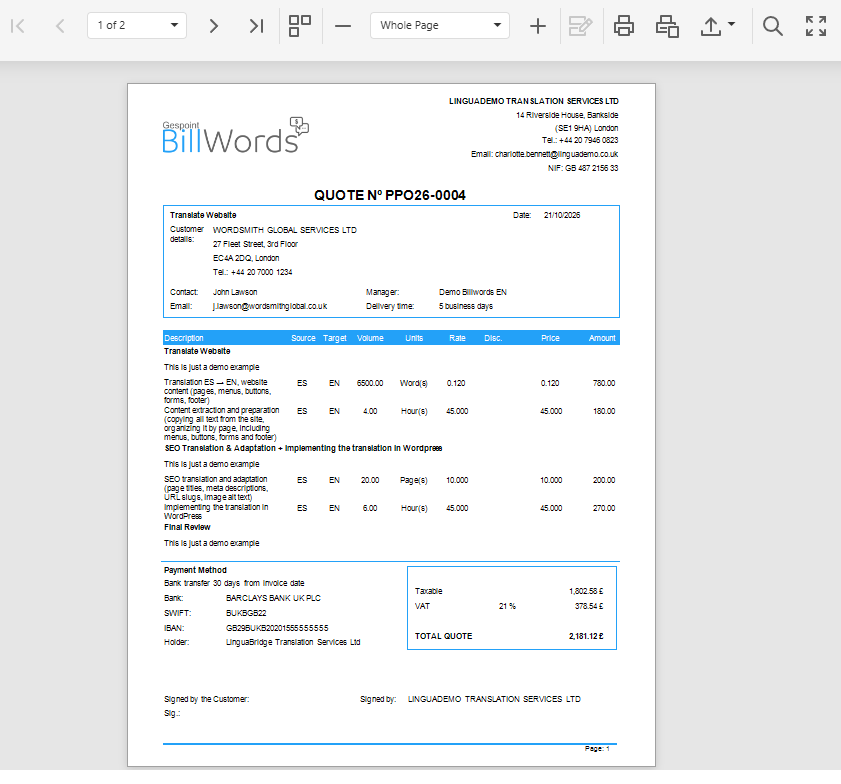Translation quote created with Gespoint BillWords