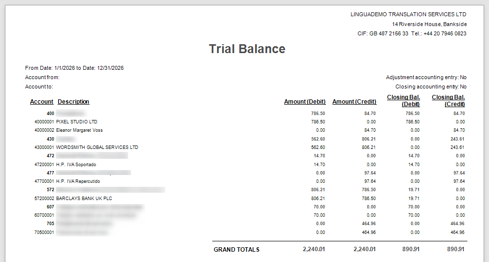 Trial balance report in Gespoint BillWords