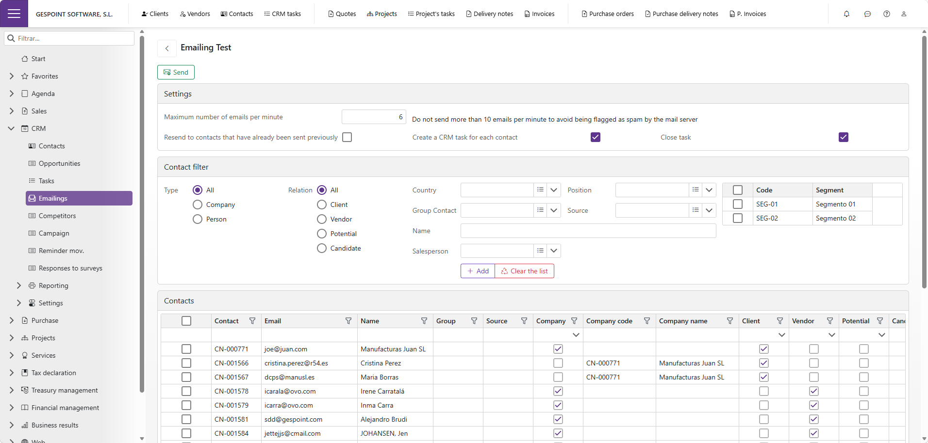 CRM contacts and email campaigns in Gespoint BillWords