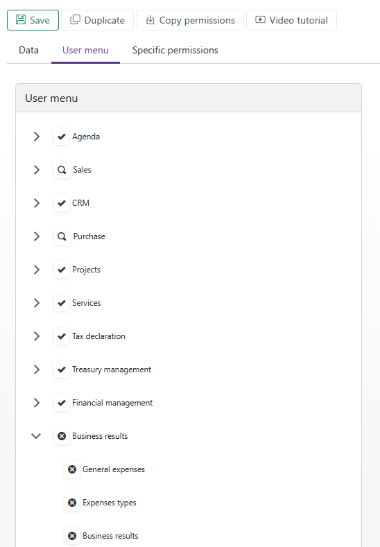 User menu permissions in Gespoint BillWords