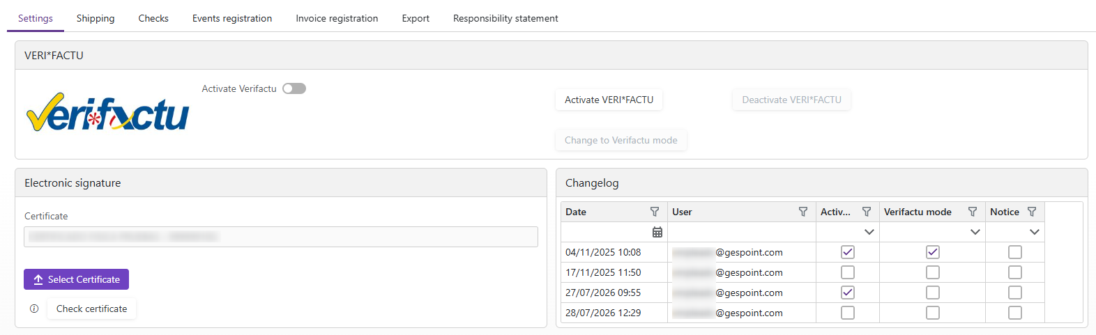 Verifactu e-invoicing settings for Spain